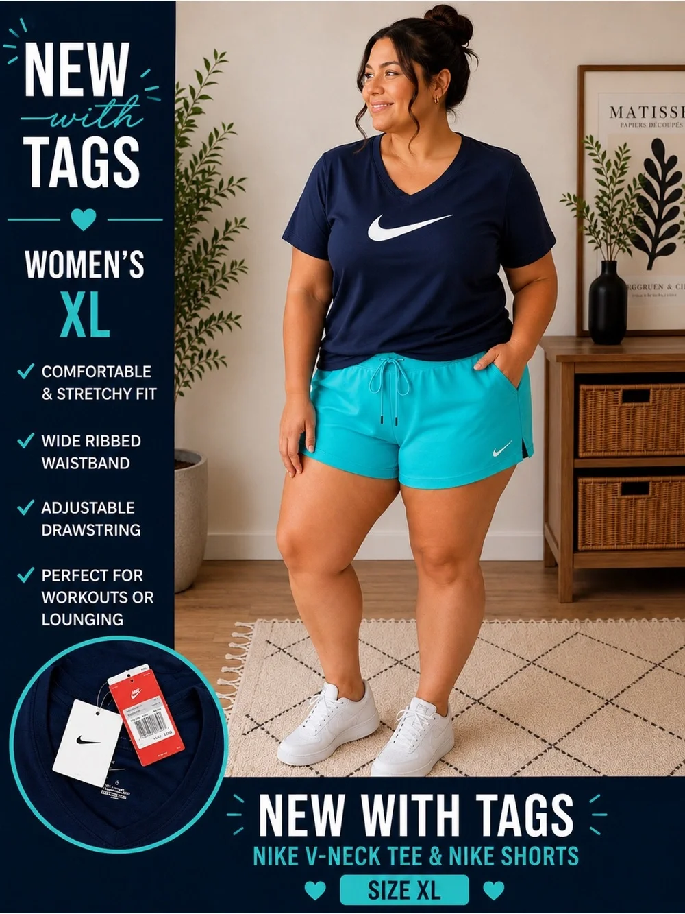 Nike women’s Xl Navy V-Neck Tee with Teal Athletic Shorts